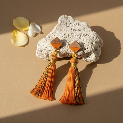 Orange Polyster & Resin Wood Silvertone Tassel Statement Drop Earrings