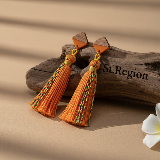 Orange Polyster & Resin Wood Silvertone Tassel Statement Drop Earrings
