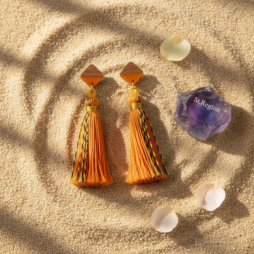 Orange Polyster & Resin Wood Silvertone Tassel Statement Drop Earrings