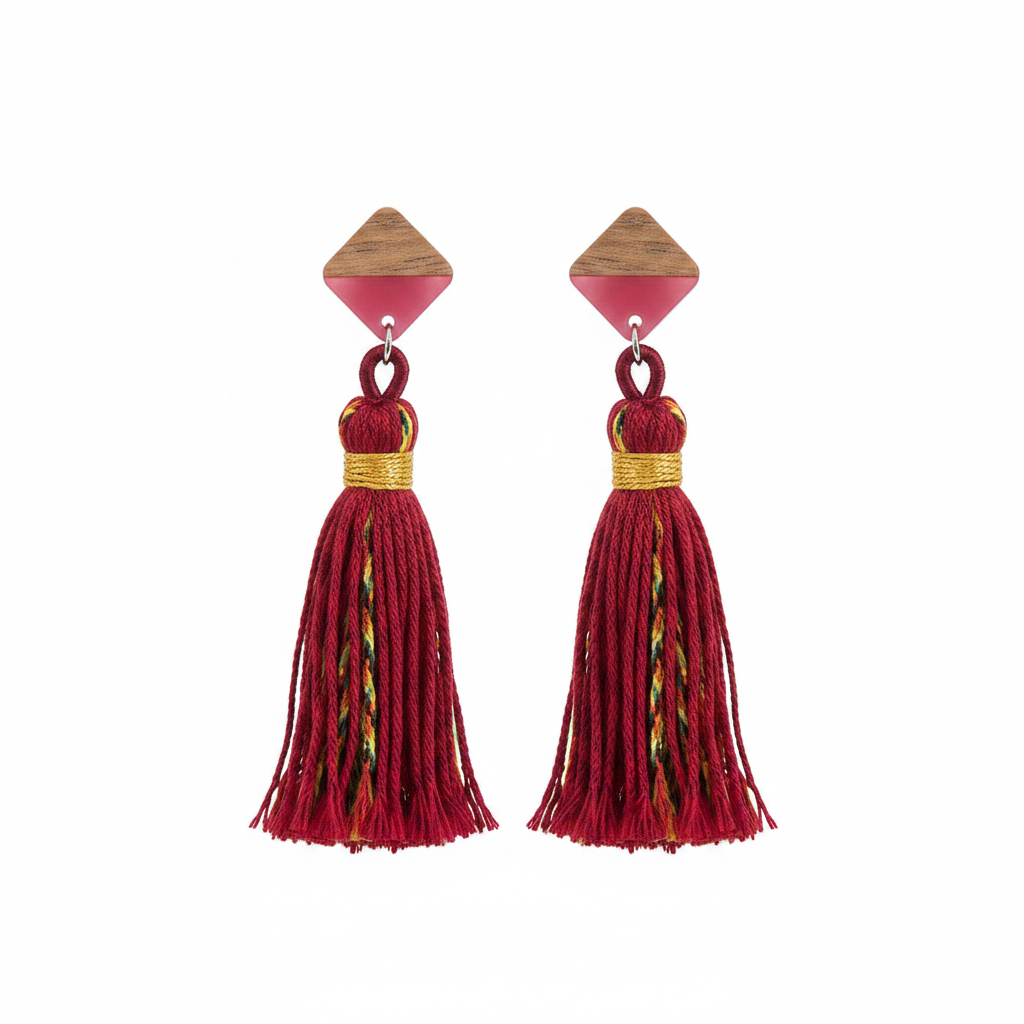 Rose Polyster & Resin Wood Silvertone Tassel Statement Drop Earrings