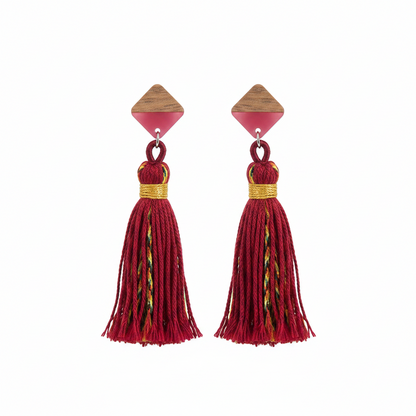 Rose Polyster & Resin Wood Silvertone Tassel Statement Drop Earrings