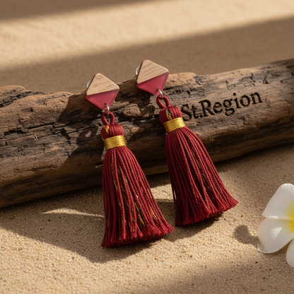 Rose Polyster & Resin Wood Silvertone Tassel Statement Drop Earrings