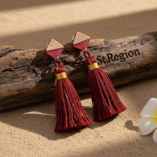 Rose Polyster & Resin Wood Silvertone Tassel Statement Drop Earrings