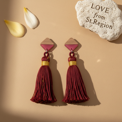Rose Polyster & Resin Wood Silvertone Tassel Statement Drop Earrings