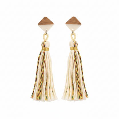 White Polyster & Resin Wood Silvertone Tassel Statement Drop Earrings