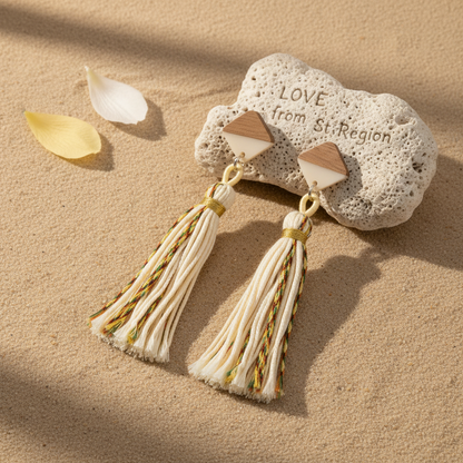 White Polyster & Resin Wood Silvertone Tassel Statement Drop Earrings