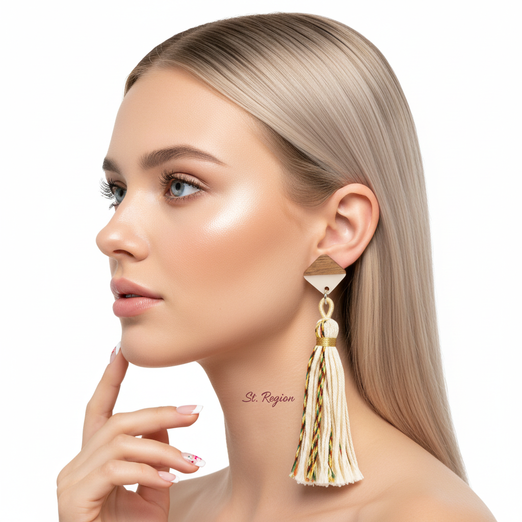 White Polyster & Resin Wood Silvertone Tassel Statement Drop Earrings