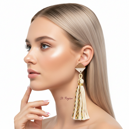 White Polyster & Resin Wood Silvertone Tassel Statement Drop Earrings