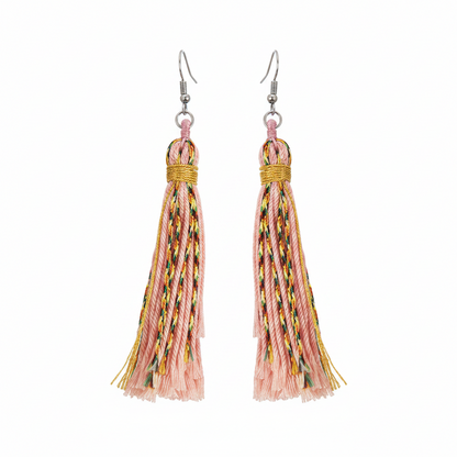 Pink Multi-Colored Polyster & Silvertone Tassel Statement Hook Earrings