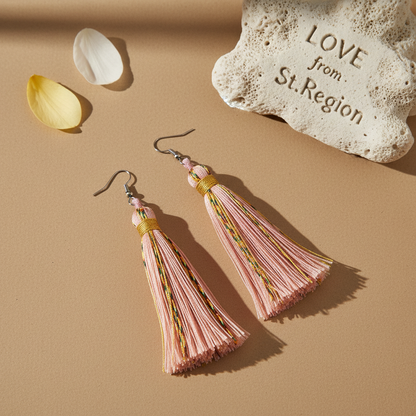 Pink Multi-Colored Polyster & Silvertone Tassel Statement Hook Earrings