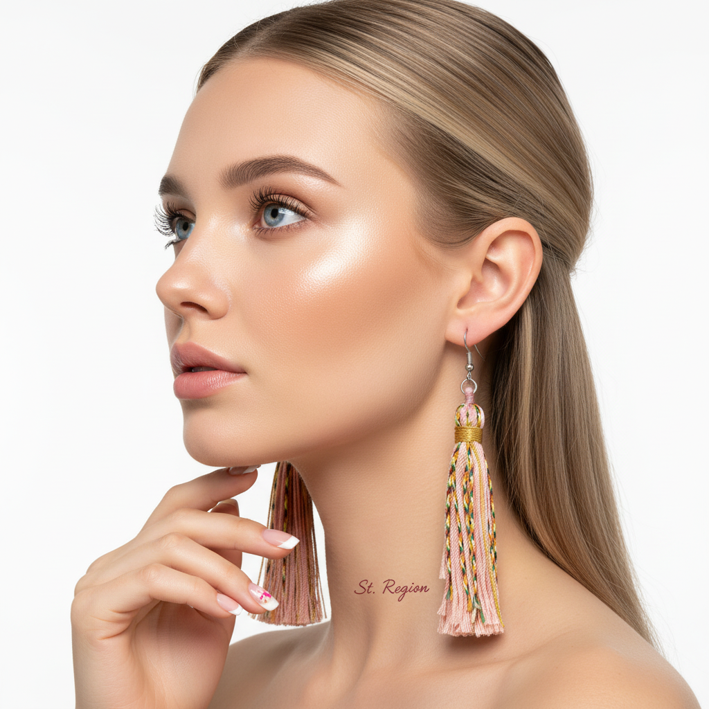 Pink Multi-Colored Polyster & Silvertone Tassel Statement Hook Earrings