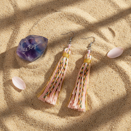 Pink Multi-Colored Polyster & Silvertone Tassel Statement Hook Earrings