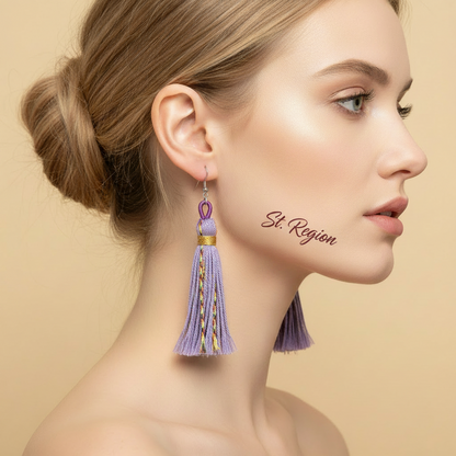 Purple Multi-Colored Polyster & Silvertone Tassel Statement Hook Earrings