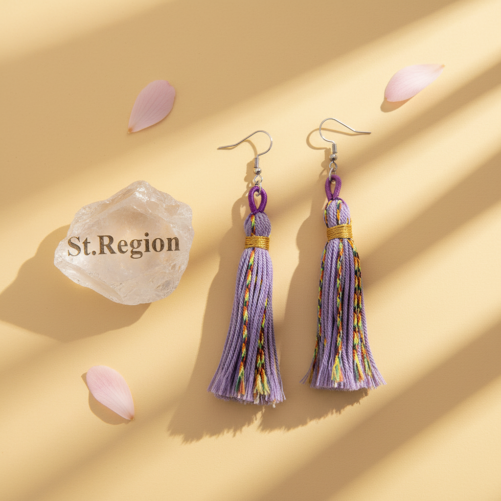 Purple Multi-Colored Polyster & Silvertone Tassel Statement Hook Earrings