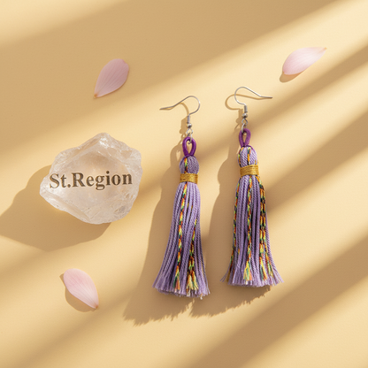 Purple Multi-Colored Polyster & Silvertone Tassel Statement Hook Earrings