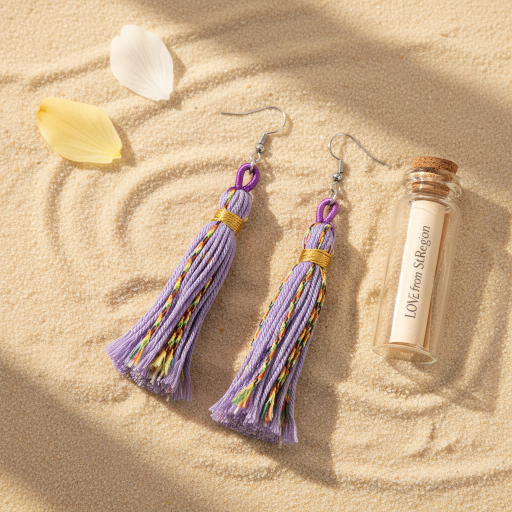 Purple Multi-Colored Polyster & Silvertone Tassel Statement Hook Earrings