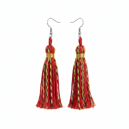Red Multi-Colored Polyster & Silvertone Tassel Statement Hook Earrings