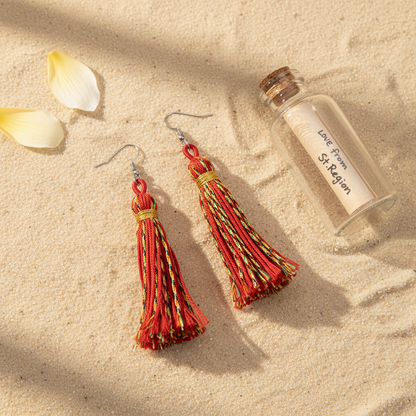 Red Multi-Colored Polyster & Silvertone Tassel Statement Hook Earrings