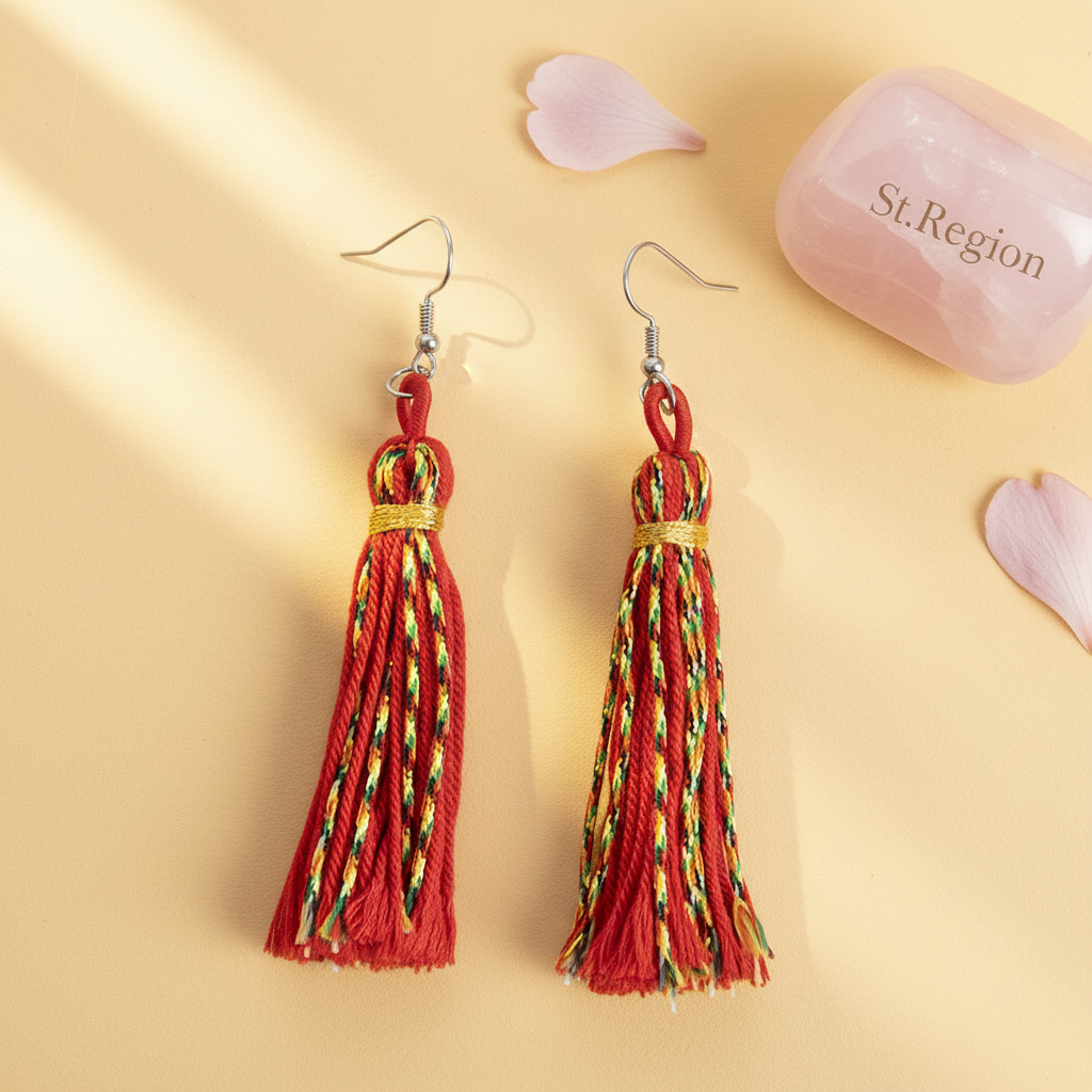 Red Multi-Colored Polyster & Silvertone Tassel Statement Hook Earrings