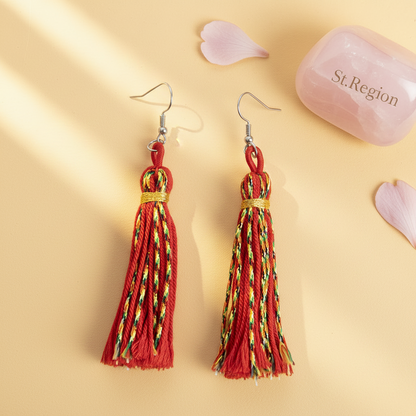 Red Multi-Colored Polyster & Silvertone Tassel Statement Hook Earrings