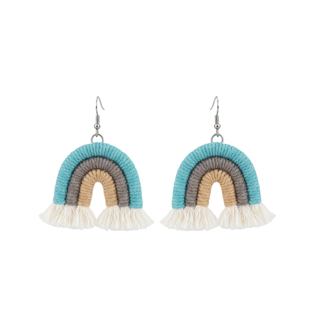 Blue Multi-Colored Yarn & Silvertone Rainbow Tassel Hook Earrings