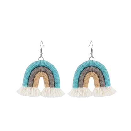 Blue Multi-Colored Yarn & Silvertone Rainbow Tassel Hook Earrings