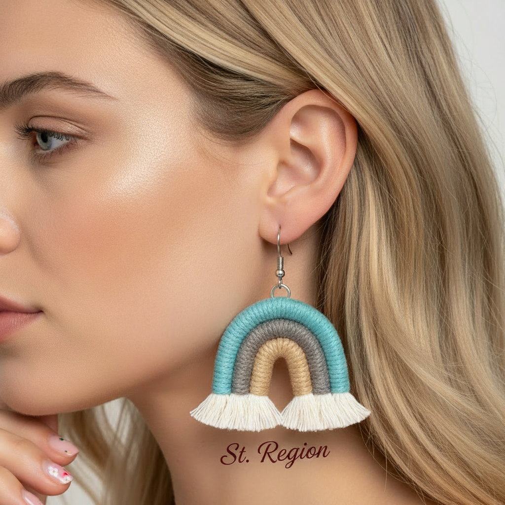 Blue Multi-Colored Yarn & Silvertone Rainbow Tassel Hook Earrings