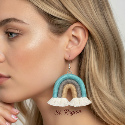 Blue Multi-Colored Yarn & Silvertone Rainbow Tassel Hook Earrings