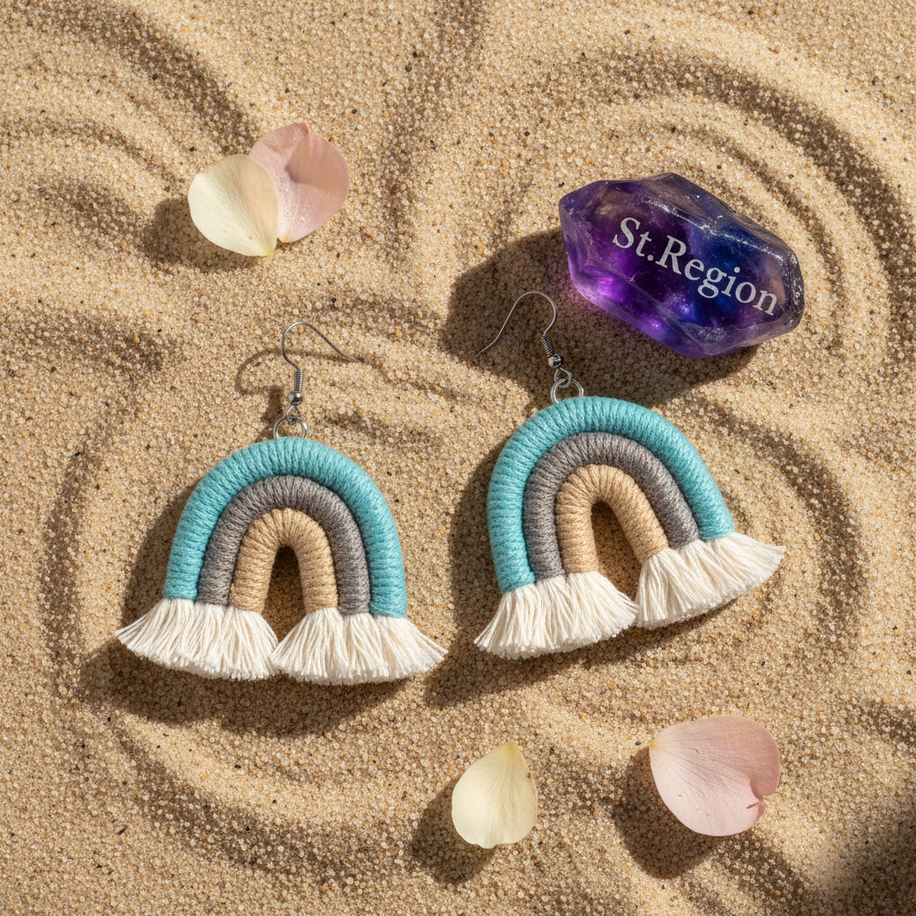 Blue Multi-Colored Yarn & Silvertone Rainbow Tassel Hook Earrings