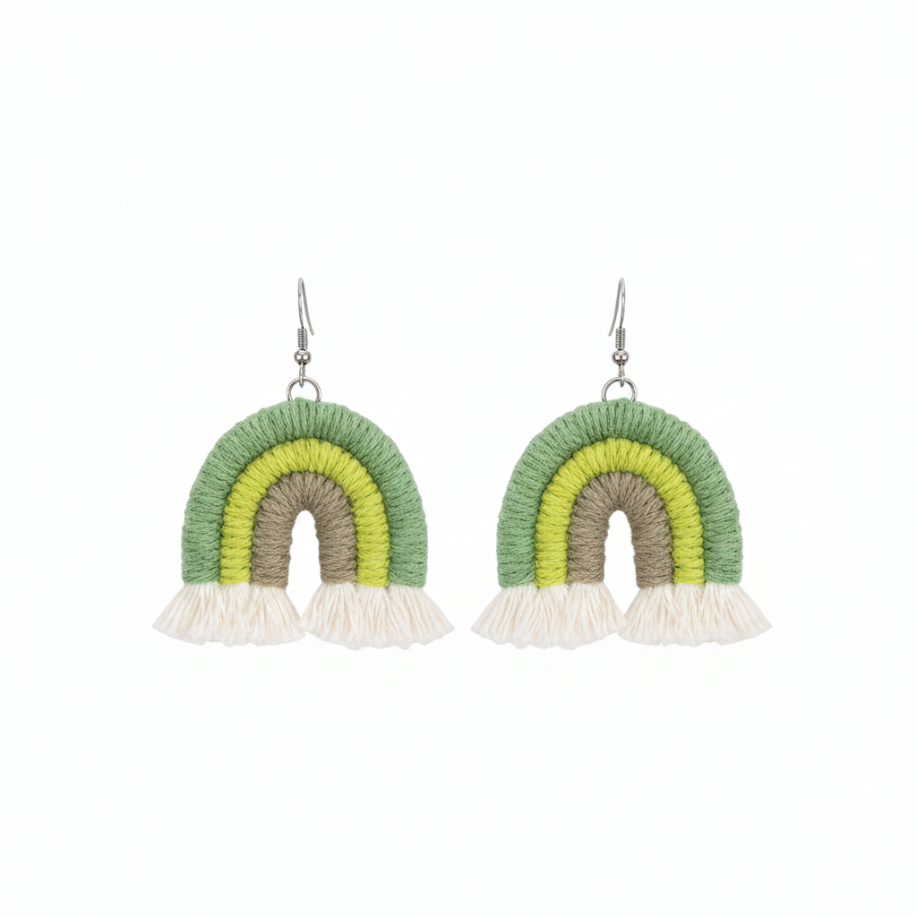 Green Multi-Colored Yarn & Silvertone Rainbow Tassel Hook Earrings