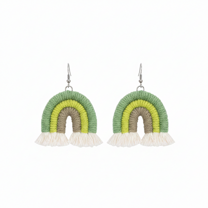 Green Multi-Colored Yarn & Silvertone Rainbow Tassel Hook Earrings