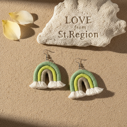 Green Multi-Colored Yarn & Silvertone Rainbow Tassel Hook Earrings