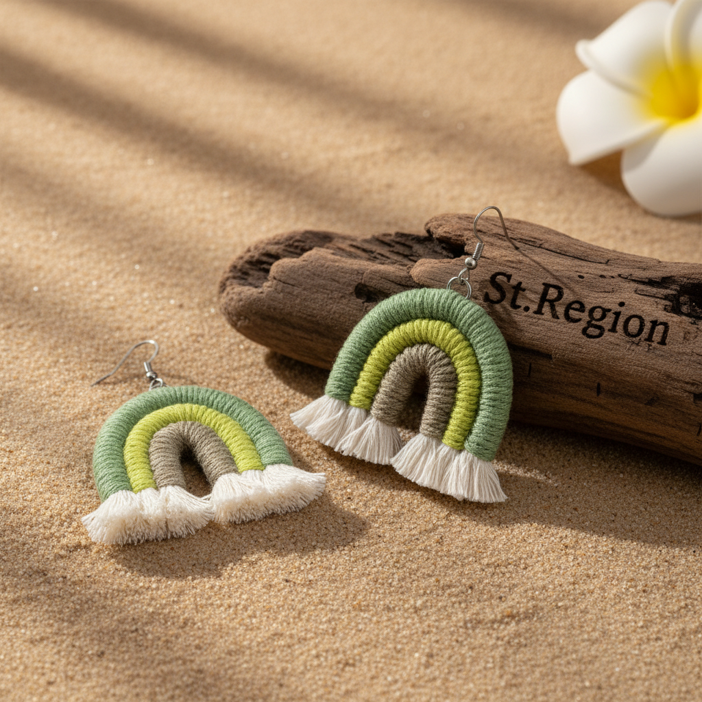 Green Multi-Colored Yarn & Silvertone Rainbow Tassel Hook Earrings