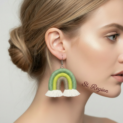 Green Multi-Colored Yarn & Silvertone Rainbow Tassel Hook Earrings