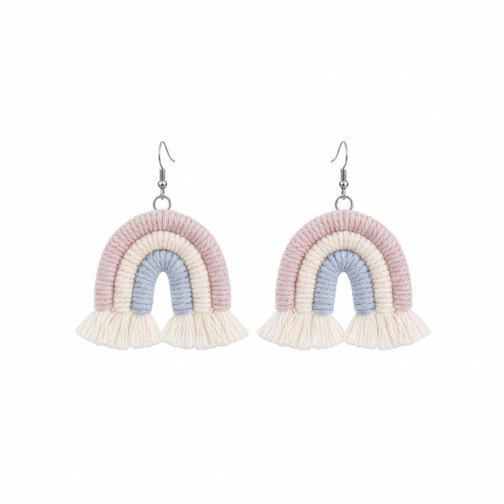 Light Purple Multi-Colored Yarn & Silvertone Rainbow Tassel Hook Earrings