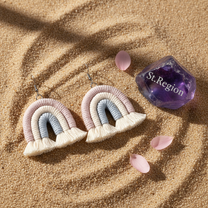 Light Purple Multi-Colored Yarn & Silvertone Rainbow Tassel Hook Earrings