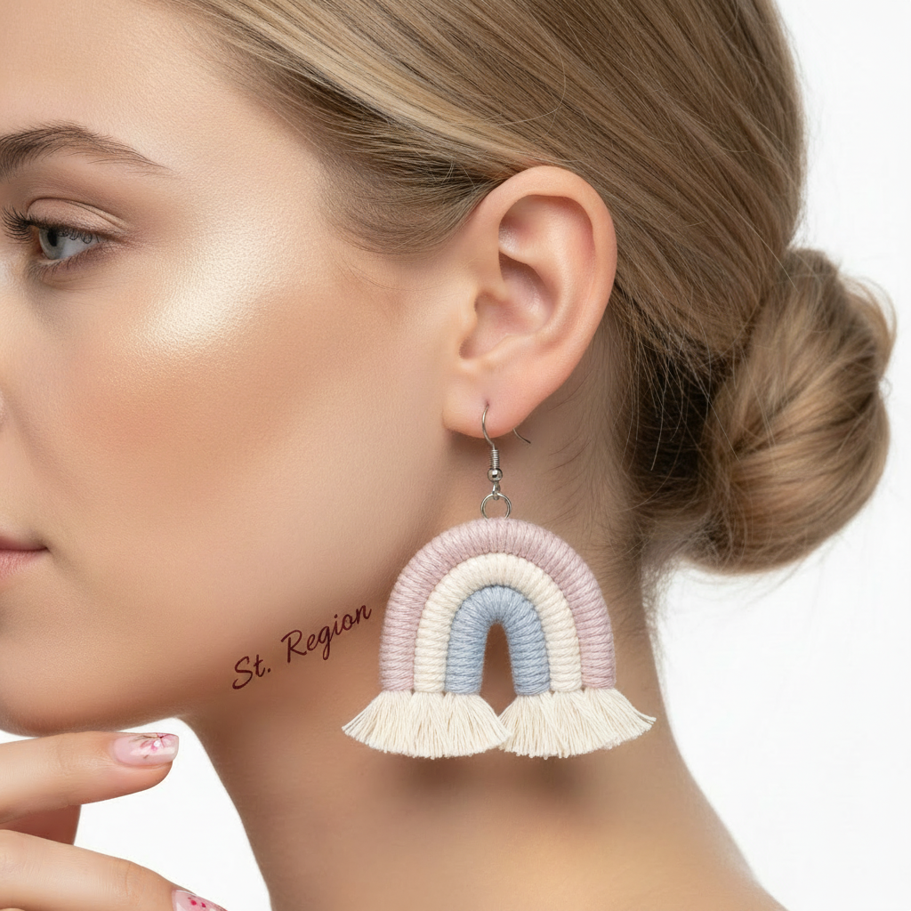 Light Purple Multi-Colored Yarn & Silvertone Rainbow Tassel Hook Earrings