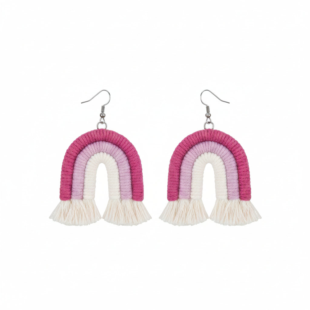 Rose & Pink Yarn Silvertone Rainbow Tassel Hook Earrings