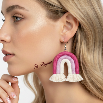 Rose & Pink Yarn Silvertone Rainbow Tassel Hook Earrings