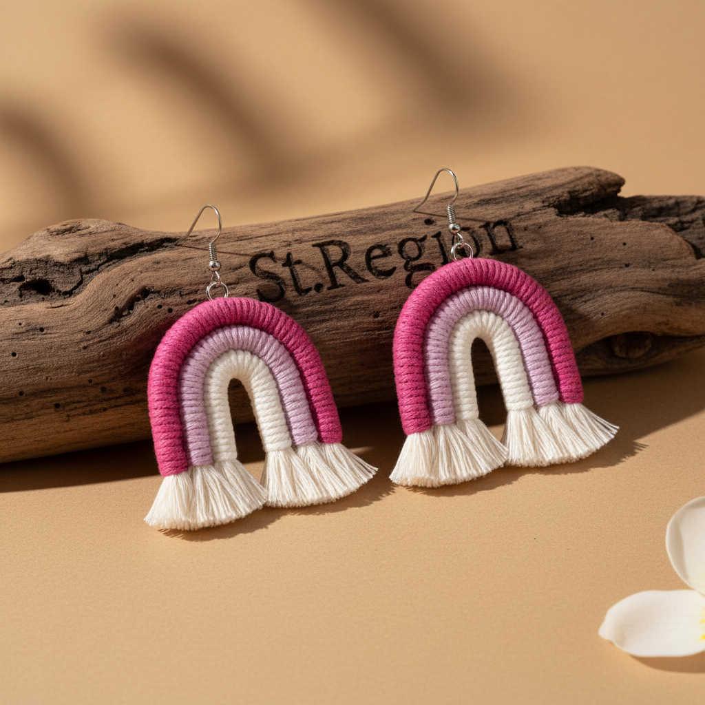 Rose & Pink Yarn Silvertone Rainbow Tassel Hook Earrings