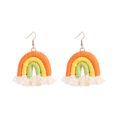 Orange Multi-Colored Yarn & Silvertone Rainbow Tassel Hook Earrings