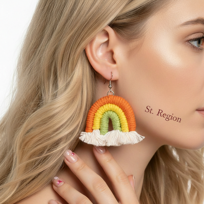Orange Multi-Colored Yarn & Silvertone Rainbow Tassel Hook Earrings