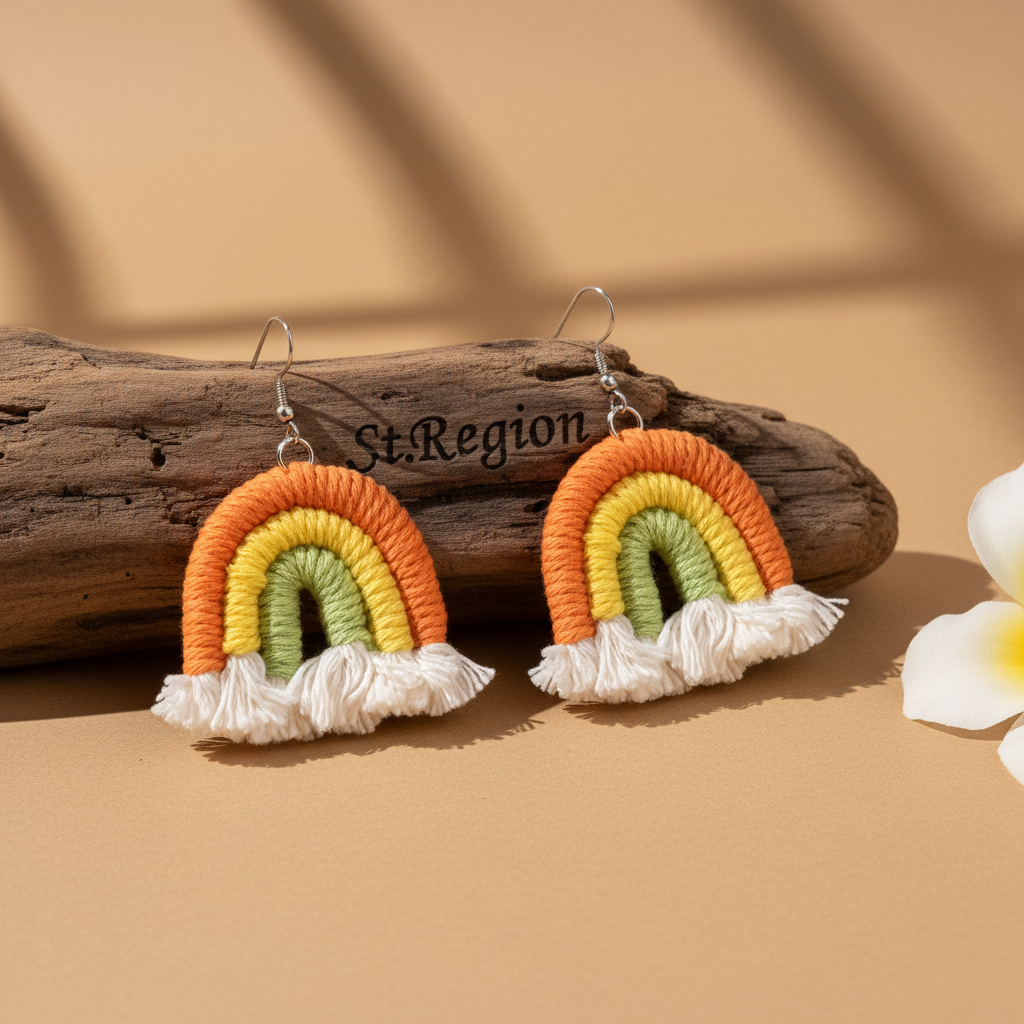 Orange Multi-Colored Yarn & Silvertone Rainbow Tassel Hook Earrings