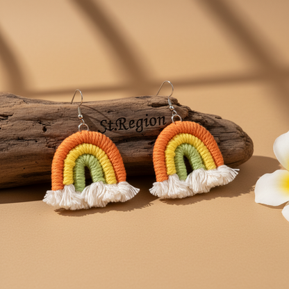 Orange Multi-Colored Yarn & Silvertone Rainbow Tassel Hook Earrings