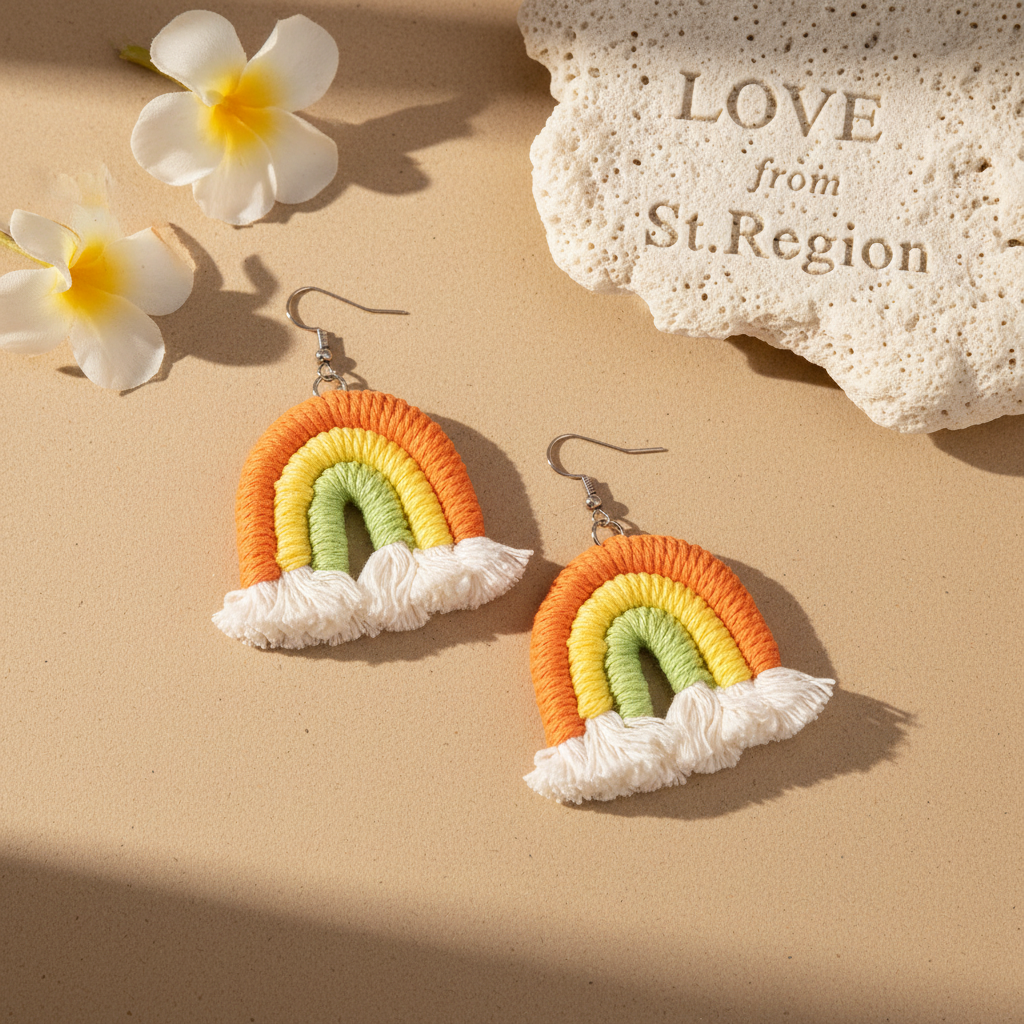 Orange Multi-Colored Yarn & Silvertone Rainbow Tassel Hook Earrings
