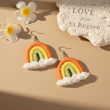 Orange Multi-Colored Yarn & Silvertone Rainbow Tassel Hook Earrings