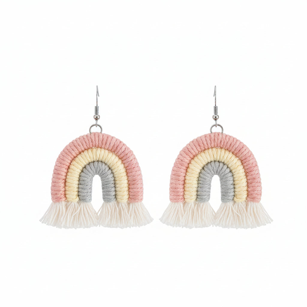 Pink Multi-Colored Yarn & Silvertone Rainbow Tassel Hook Earrings