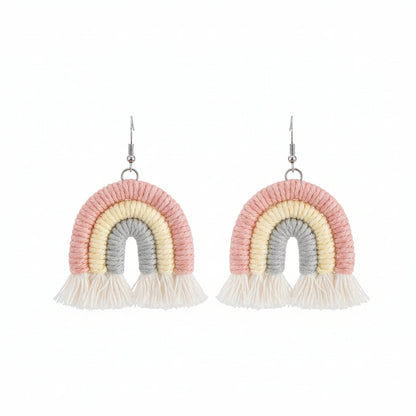 Pink Multi-Colored Yarn & Silvertone Rainbow Tassel Hook Earrings