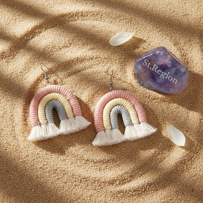 Pink Multi-Colored Yarn & Silvertone Rainbow Tassel Hook Earrings