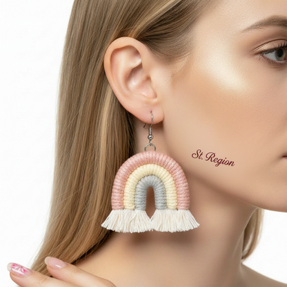 Pink Multi-Colored Yarn & Silvertone Rainbow Tassel Hook Earrings